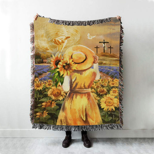 Jesus Hand Beautiful Girl Sunflower Field Cross Woven Blanket Prints - Jesus Christ Woven Blanket Art - Christian Boho Blanket