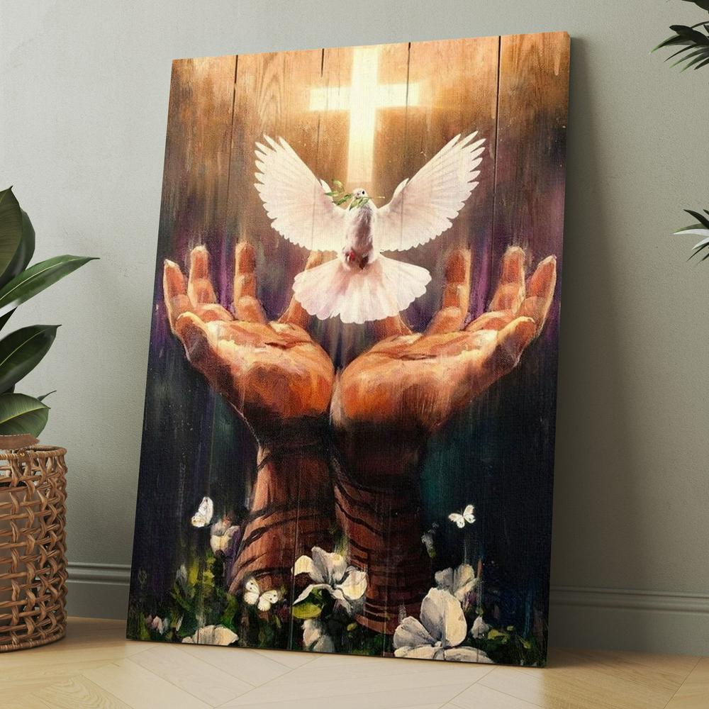 Jesus Hand, Dove Of Peace, Light Cross, White Flower Canvas, Christmas Gift for Christian
