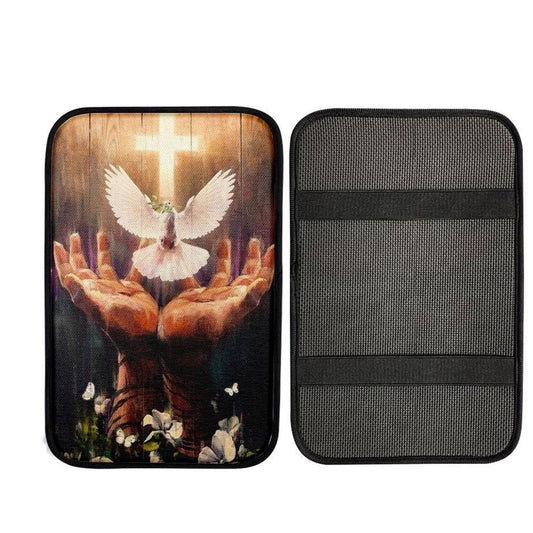 Jesus Hand, Dove Of Peace, Light Cross, White Flower Car Center Console Cover, Car Armrest Pad, Christian Gift, Armrest Box Mat