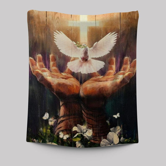 Jesus Hand, Dove Of Peace, Light Cross, White Flower Tapestry