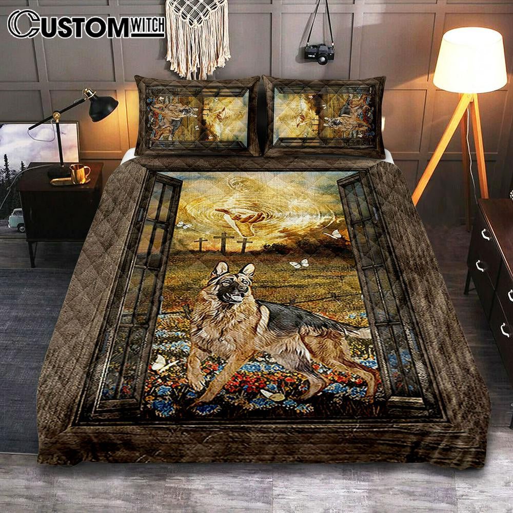 Jesus Hand German Shepherd Quilt Bedding Set - Christian Bedroom - Religious Home Decor