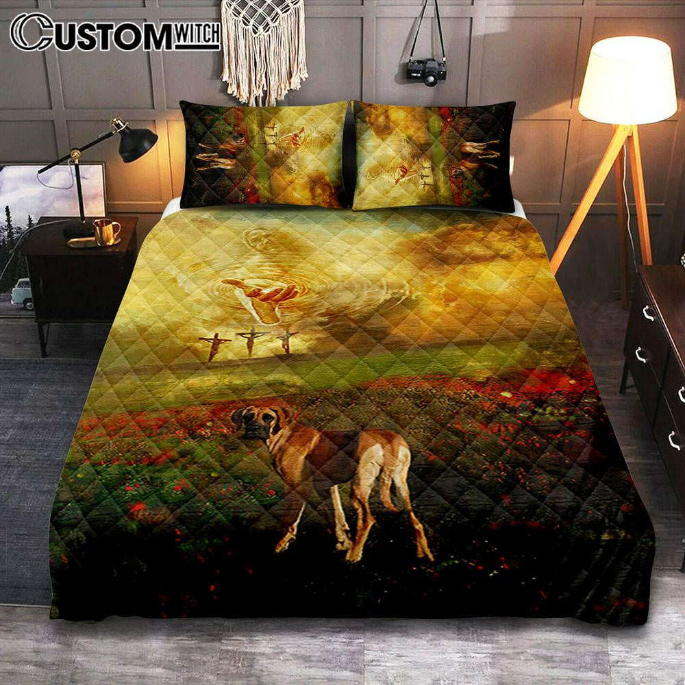 Jesus Hand Great Dane Flower Field Bedroom Quilt Bedding Set - Jesus Portrait Quilt Bedding Set Prints - Christian Bedroom