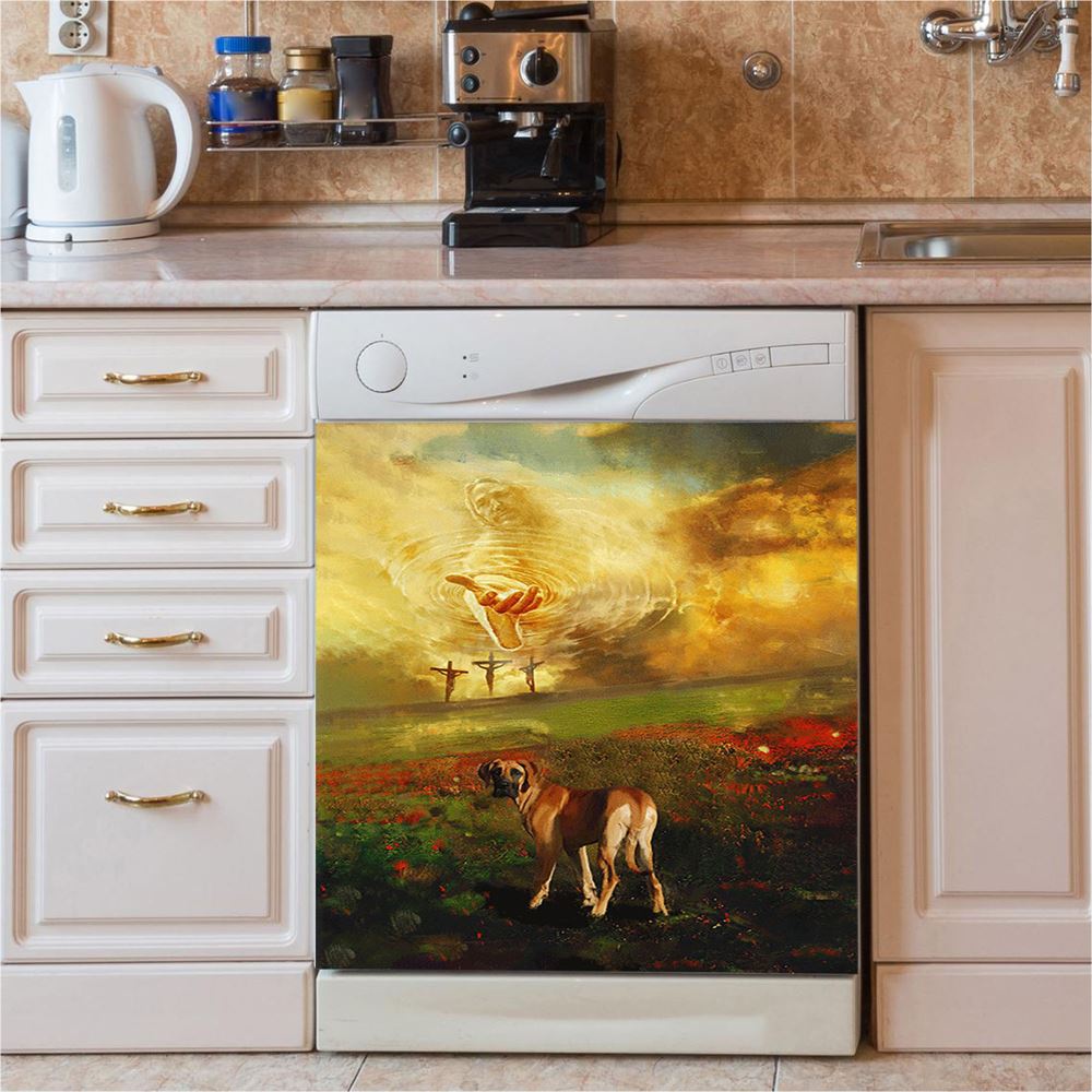 Jesus Hand Great Dane Flower Field Dishwasher Cover, Jesus Portrait Dishwasher Stickers, Christian Kitchen Decor