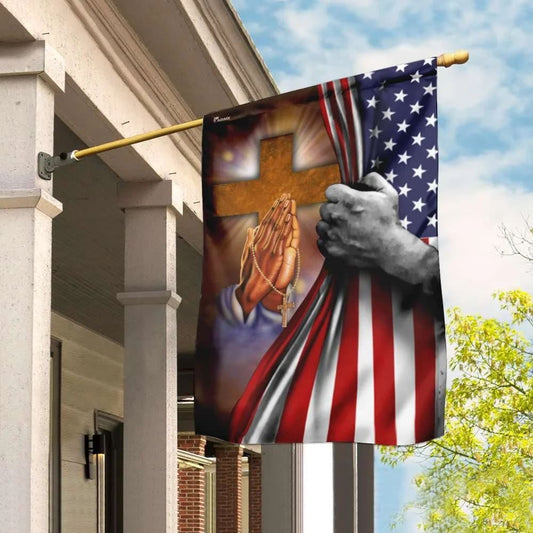 Jesus Hand Prayer Cross American US House Flag, Christian Flag, Christian Flag, Scripture Flag, Garden Banner