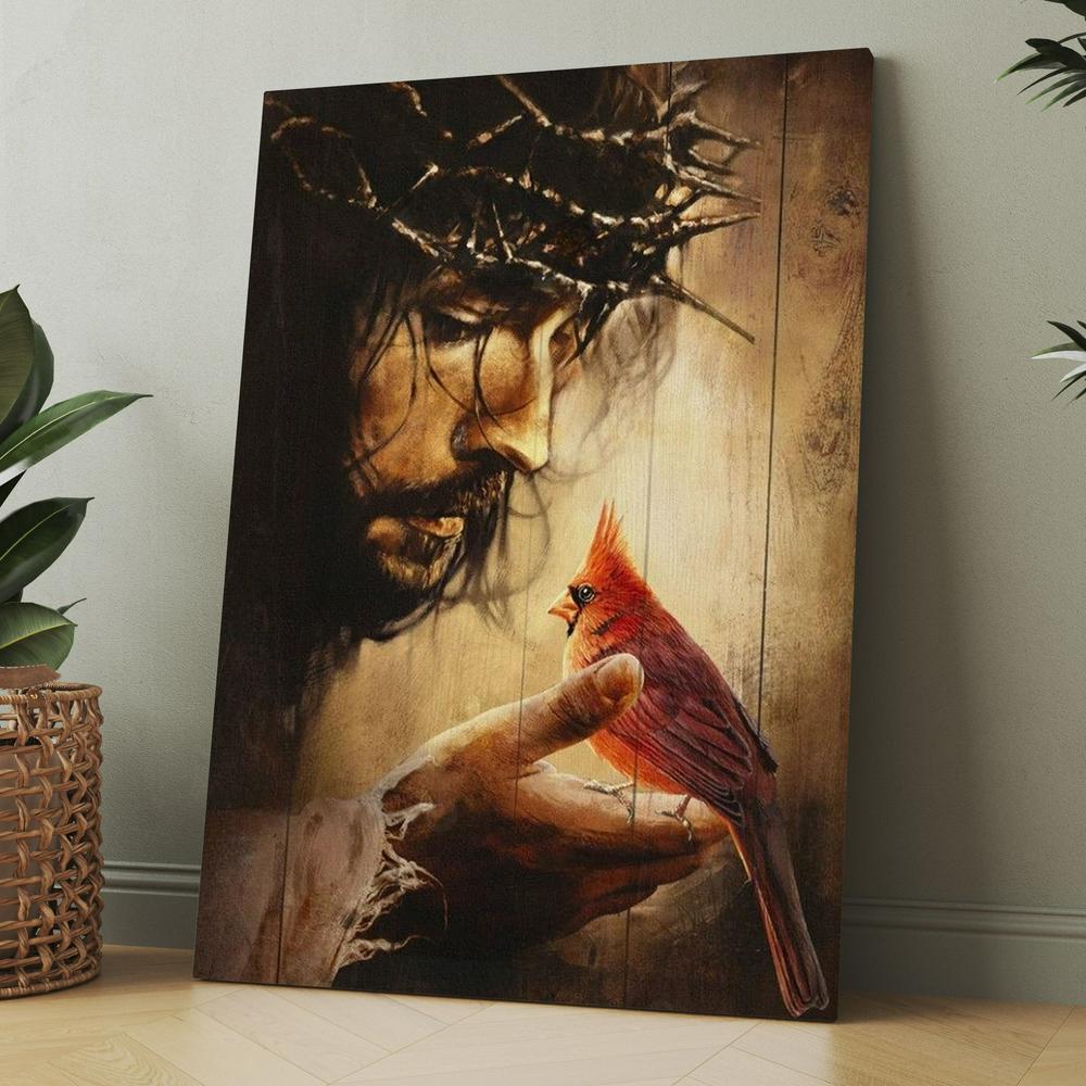 Jesus Hand Red Cardinals Thorn Crown Canvas, Christmas Gift for Christian