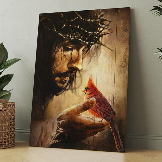 Jesus Hand Red Cardinals Thorn Crown Canvas, Christmas Gift for Christian