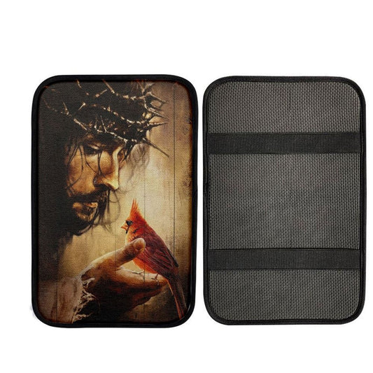 Jesus Hand Red Cardinals Thorn Crown Car Center Console Cover, Car Armrest Pad, Christian Gift, Armrest Box Mat