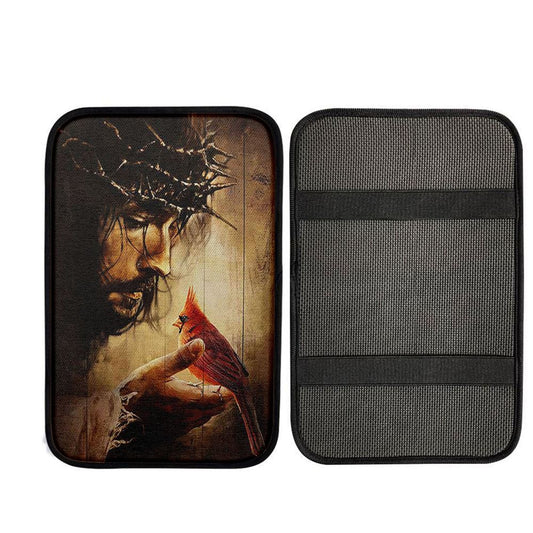 Jesus Hand Red Cardinals Thorn Crown Jesus Car Center Console Cover, God Car Armrest Accessories