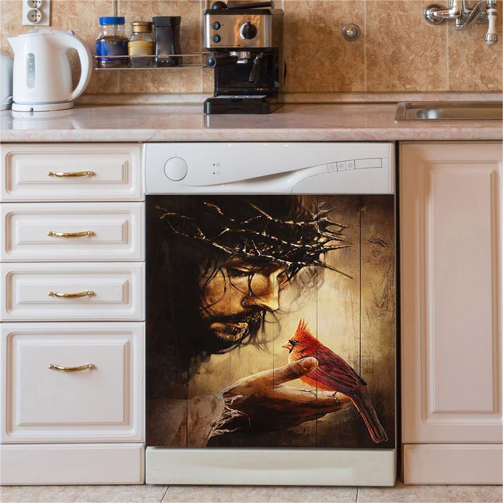 Jesus Hand Red Cardinals Thorn Crown Jesus Dishwasher Cover, Jesus Portrait Dishwasher Stickers, Christian Kitchen Decor