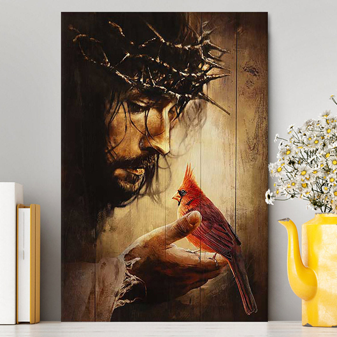 Jesus Hand Red Cardinals Thorn Crown Jesus Wall Art Canvas - Jesus Portrait Canvas Prints - Christian Wall Art