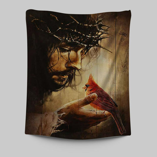 Jesus Hand Red Cardinals Thorn Crown Jesus Wall Art Tapestry - Jesus Portrait Tapestry Prints - Christian Wall Art