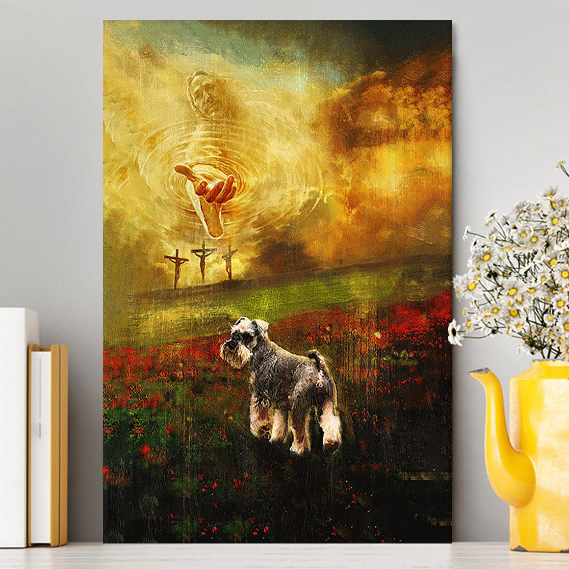 Jesus Hand Schnauzer Flower Field Canvas - Christian Wall Art - Religious Home Decor