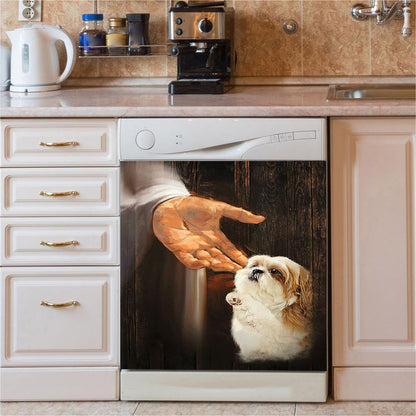 Jesus Hand Shih Tzu Puppies Dishwasher Cover, Jesus Portrait Dishwasher Stickers, Christian Kitchen Decor