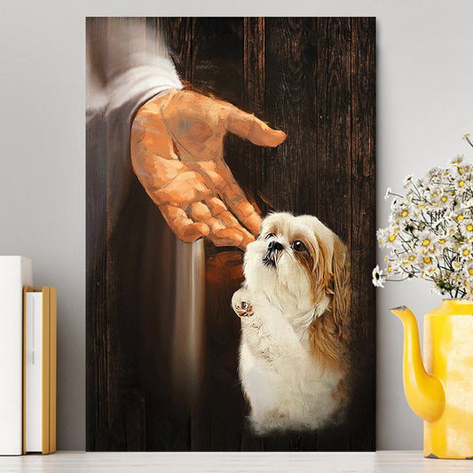 Jesus Hand Shih Tzu Puppies Wall Art Canvas - Jesus Portrait Canvas Prints - Christian Wall Art