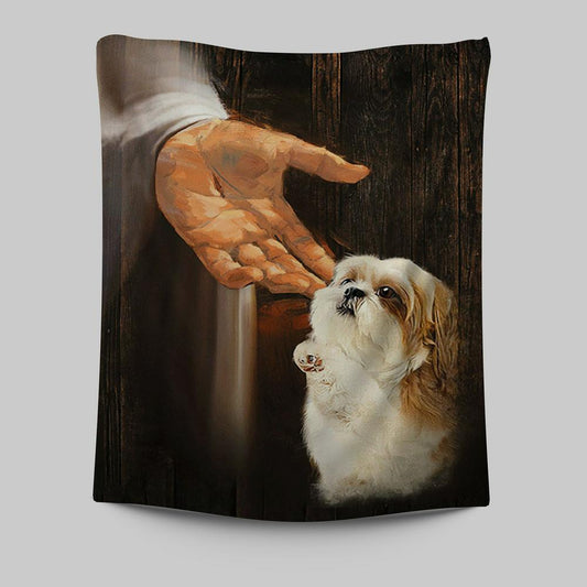 Jesus Hand Shih Tzu Puppies Wall Art Tapestry - Jesus Portrait Tapestry Prints - Christian Wall Art