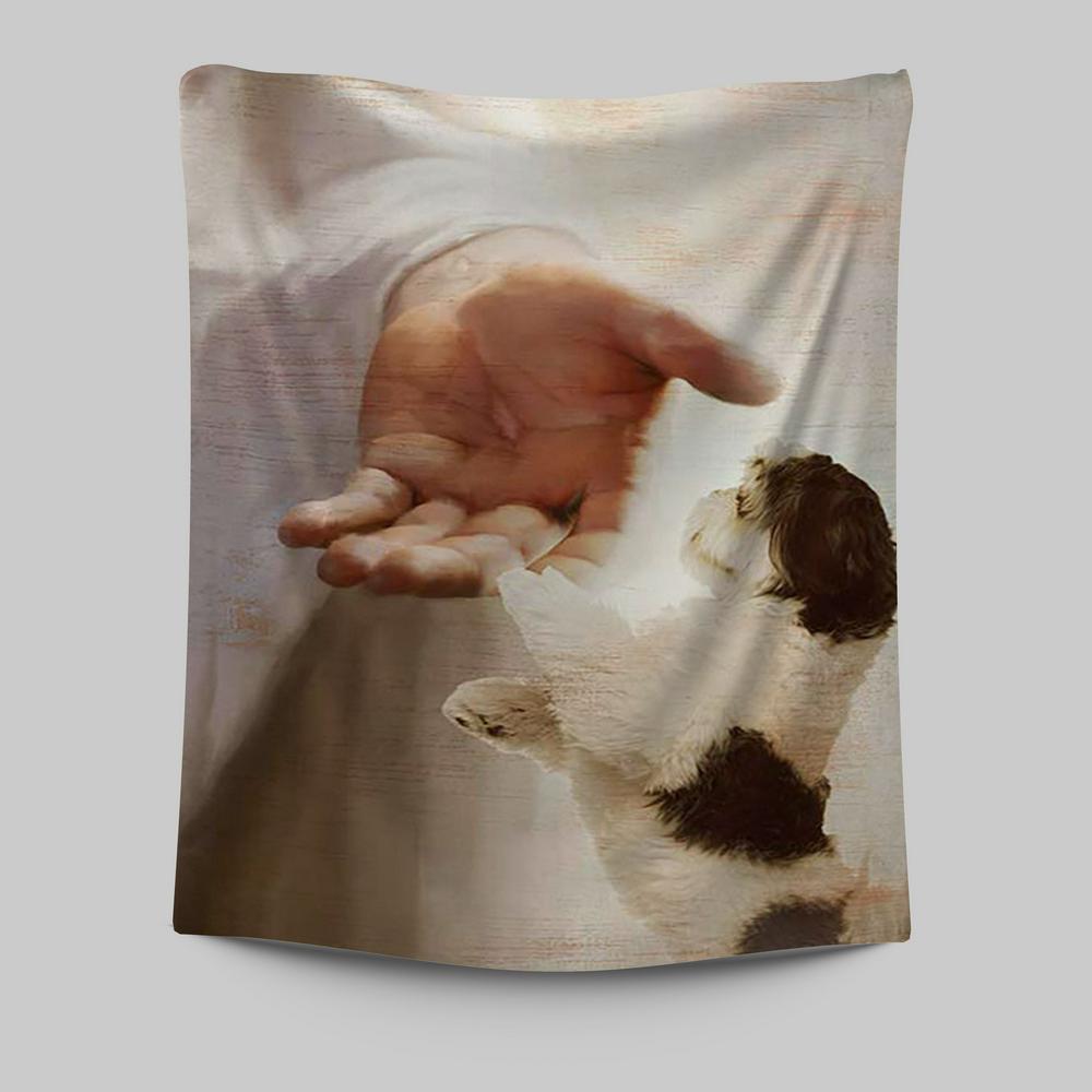 Jesus Hand Shih Tzu Tapestry - Take His Hand Wall Art Tapestry - Jesus Portrait Tapestry Prints - Christian Wall Art