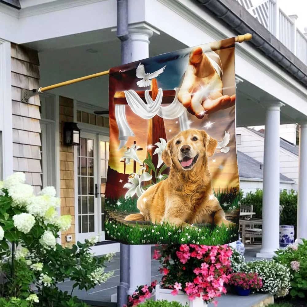 Jesus Hand The Lilies And Dog Golden Retriever House Flag, Christian Flag, Christian Flag, Scripture Flag, Garden Banner