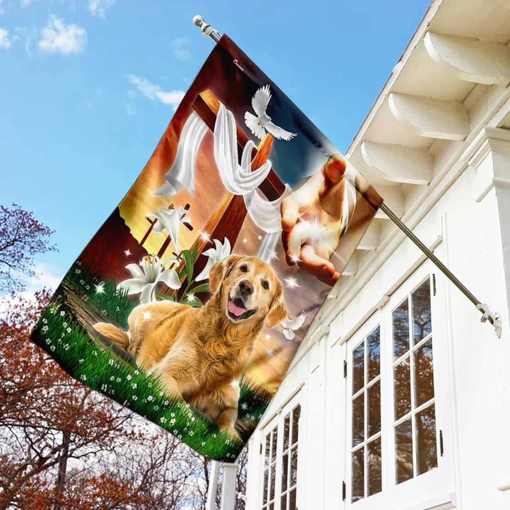 Jesus Hand The Lilies And Dog Golden Retriever House Flag, Christian Flag, Christian Flag, Scripture Flag, Garden Banner