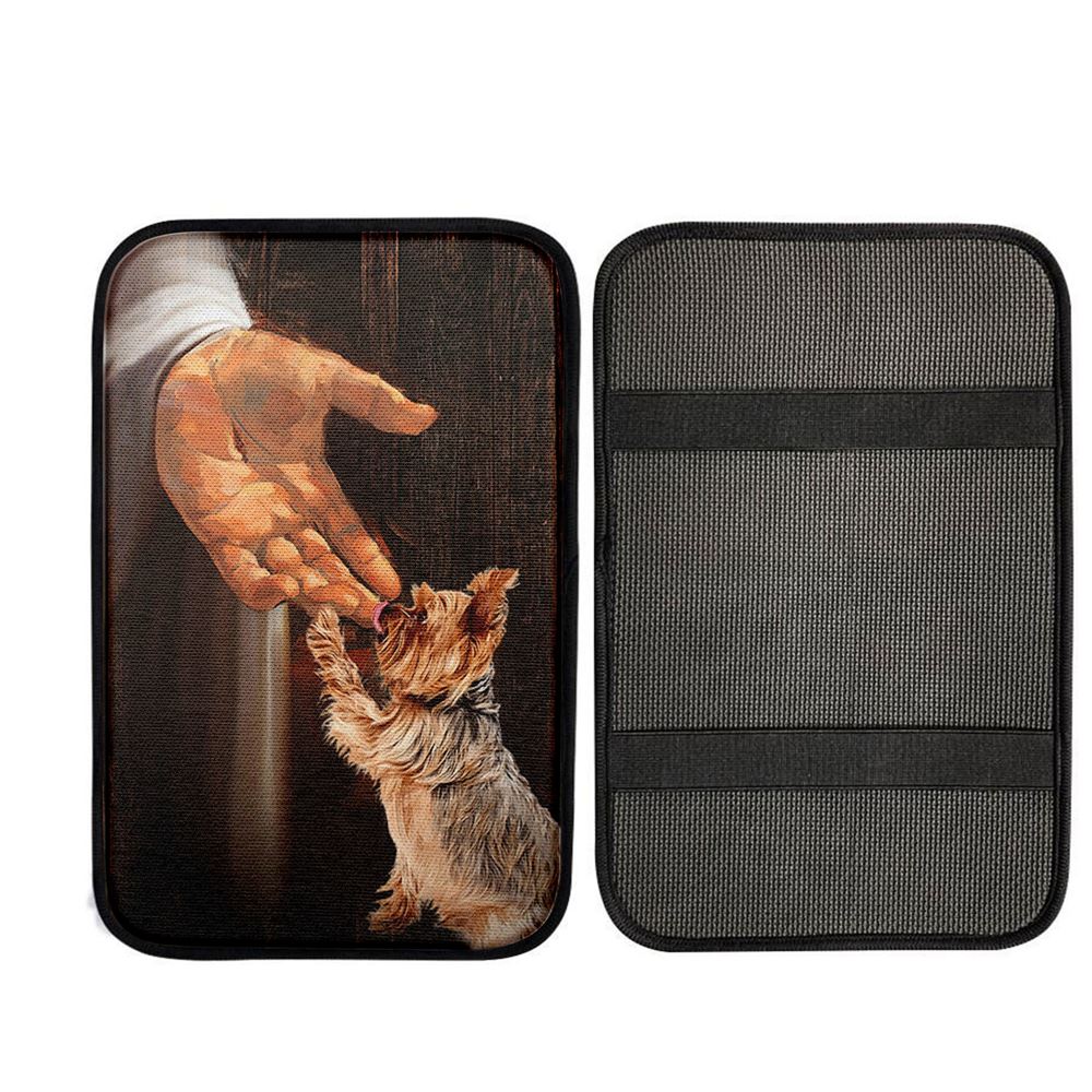 Jesus Hand Yorkshire Terrier Car Armrest Pad - In The Hand Of God Car Center Console Cover, God Car Armrest Accessories