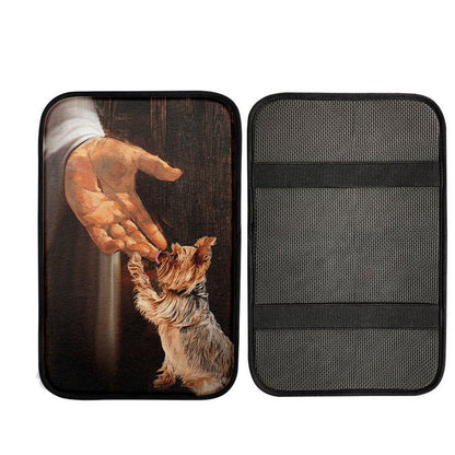 Jesus Hand Yorkshire Terrier Car Armrest Pad - In The Hand Of God Car Center Console Cover, God Car Armrest Accessories