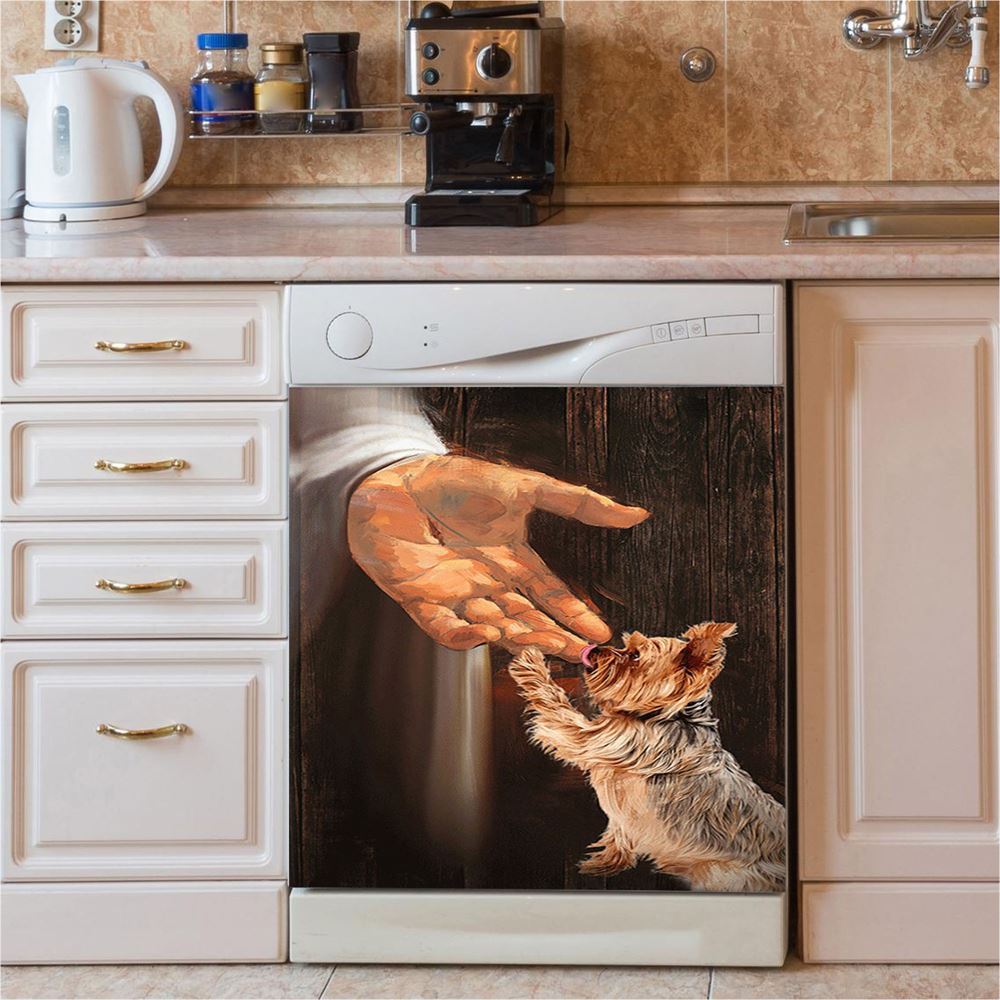 Jesus Hand Yorkshire Terrier Dishwasher Cover, In The Hand Of God Dishwasher Stickers, Jesus Portrait Kitchen Decor