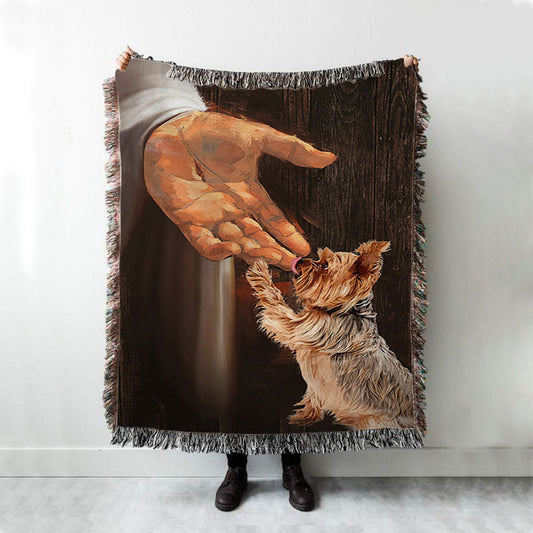 Jesus Hand Yorkshire Terrier Woven Blanket - In The Hand Of God Throw Blanket Woven Blanket - Jesus Portrait Woven Blanket Prints - Christian Throw Blanket