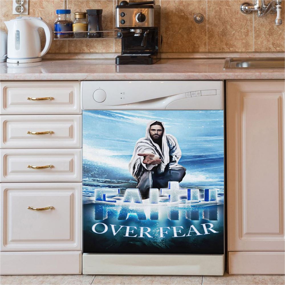 Jesus Hands Reaching Out Faith Over Fear Christian Dishwasher Cover, Bible Verse Dishwasher Stickers, Scripture Kitchen Decor