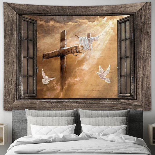 Jesus Heaven's Light The Rugged Cross Tapestry Art - Christian Wall Art Decor - Bible Verse Tapestry