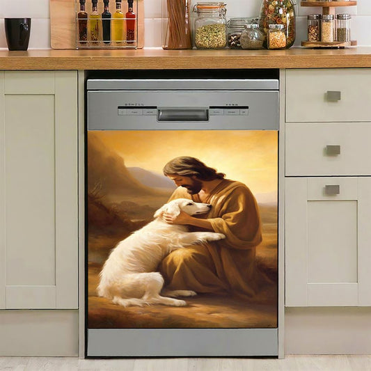 Jesus Holding A Dog Custom Dishwasher Cover, Personalized Pet Memorial Dishwasher Stickers, Pet Memorial Gifts