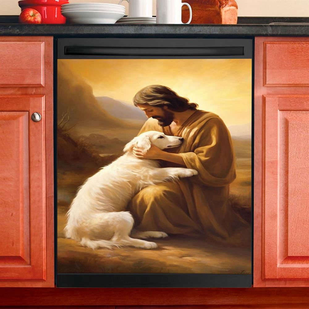 Jesus Holding A Dog Custom Dishwasher Cover, Personalized Pet Memorial Dishwasher Stickers, Pet Memorial Gifts