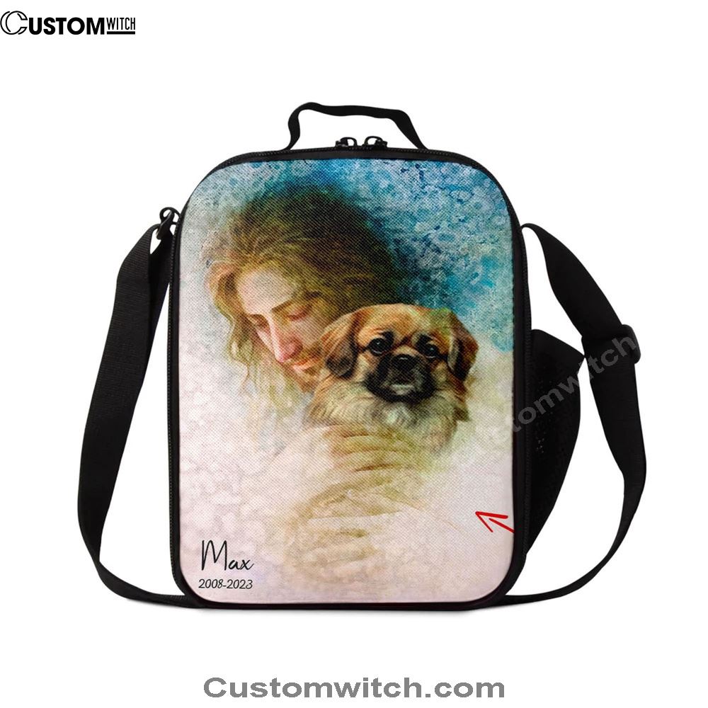 Jesus Holding A Dog Custom Lunch Bag - Personalized Pet Memorial Lunch Bag - Pet Memorial Gifts, Christian Lunch Box For School, Picnic