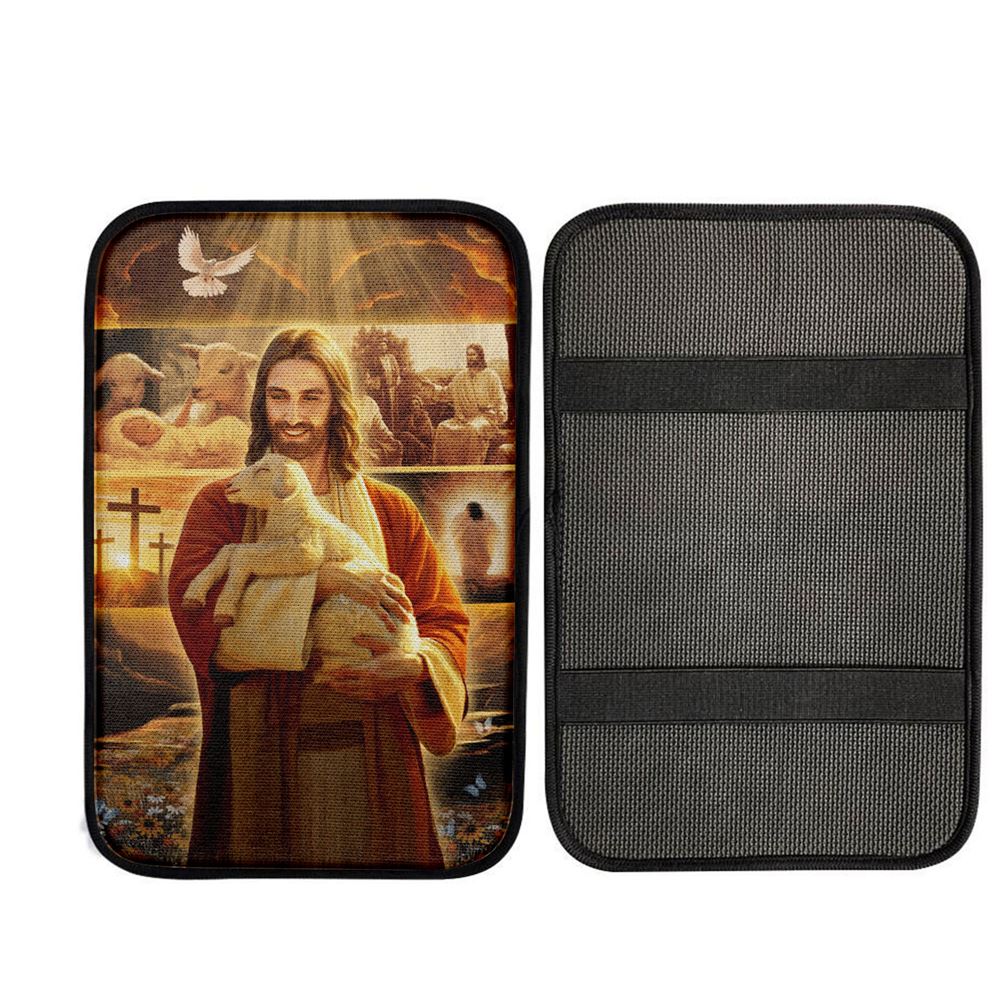 Jesus Holding A Lamb Car Center Console Cover, Christian Car Armrest Pad, God Car Armrest Accessories