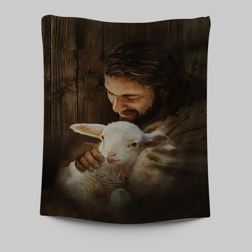 Jesus Holding Lamb Tapestry - Christian Wall Art - Religious Home Decor