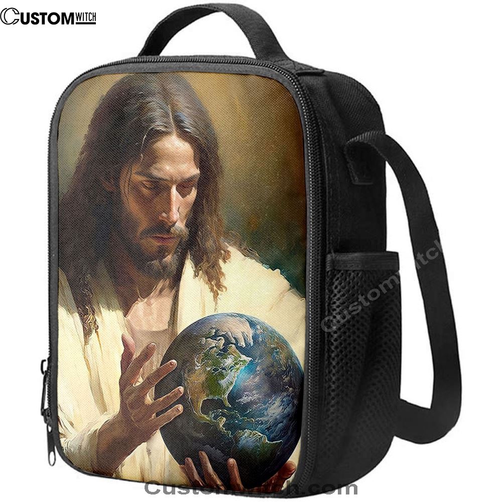 Jesus Holding The Earth Lunch Bag - Jesus Art, Christian Lunch Box For School, Picnic