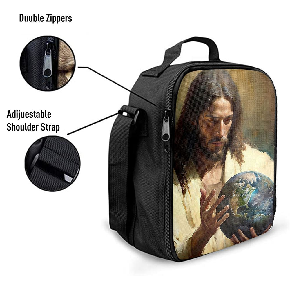 Jesus Holding The Earth Lunch Bag - Jesus Art, Christian Lunch Box For School, Picnic