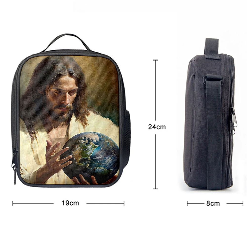 Jesus Holding The Earth Lunch Bag - Jesus Art, Christian Lunch Box For School, Picnic