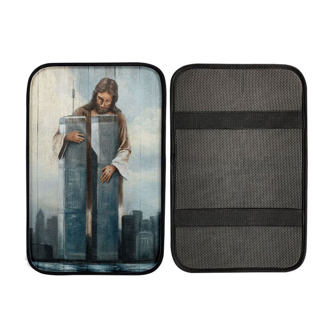 Jesus Holding The World Trade Center Building Car Center Console Cover, God Car Armrest Accessories