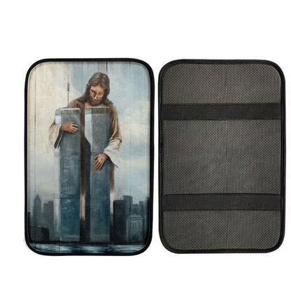 Jesus Holding The World Trade Center Building Car Center Console Cover, God Car Armrest Accessories
