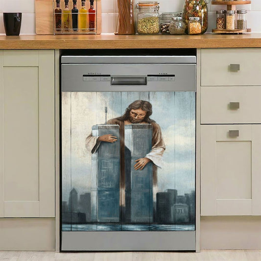 Jesus Holding The World Trade Center Building Dishwasher Cover, Jesus Christ Dishwasher Stickers, Christian Kitchen Decor