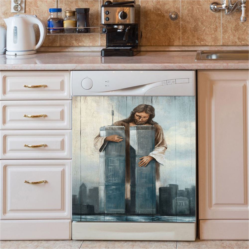 Jesus Holding The World Trade Center Building Dishwasher Cover, Jesus Christ Dishwasher Stickers, Christian Kitchen Decor