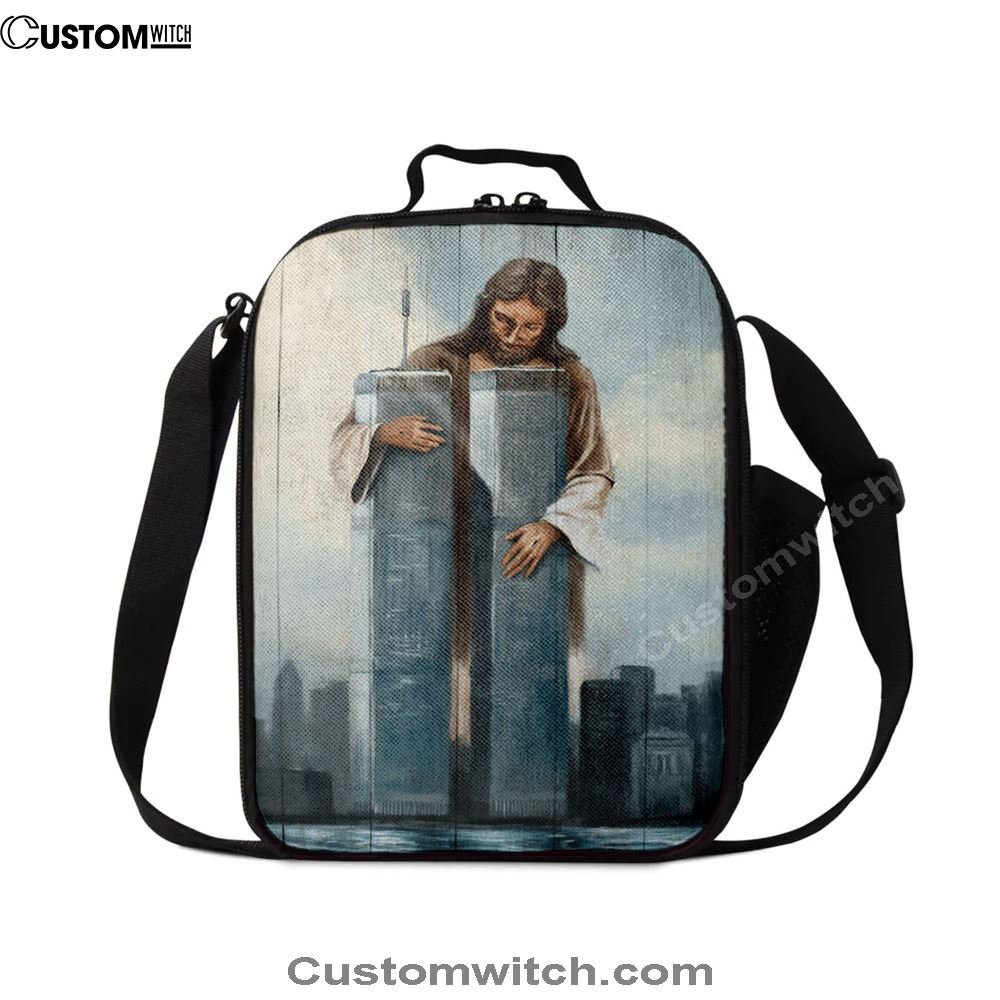 Jesus Holding The World Trade Center Building Lunch Bag, Christian Lunch Box For School, Picnic