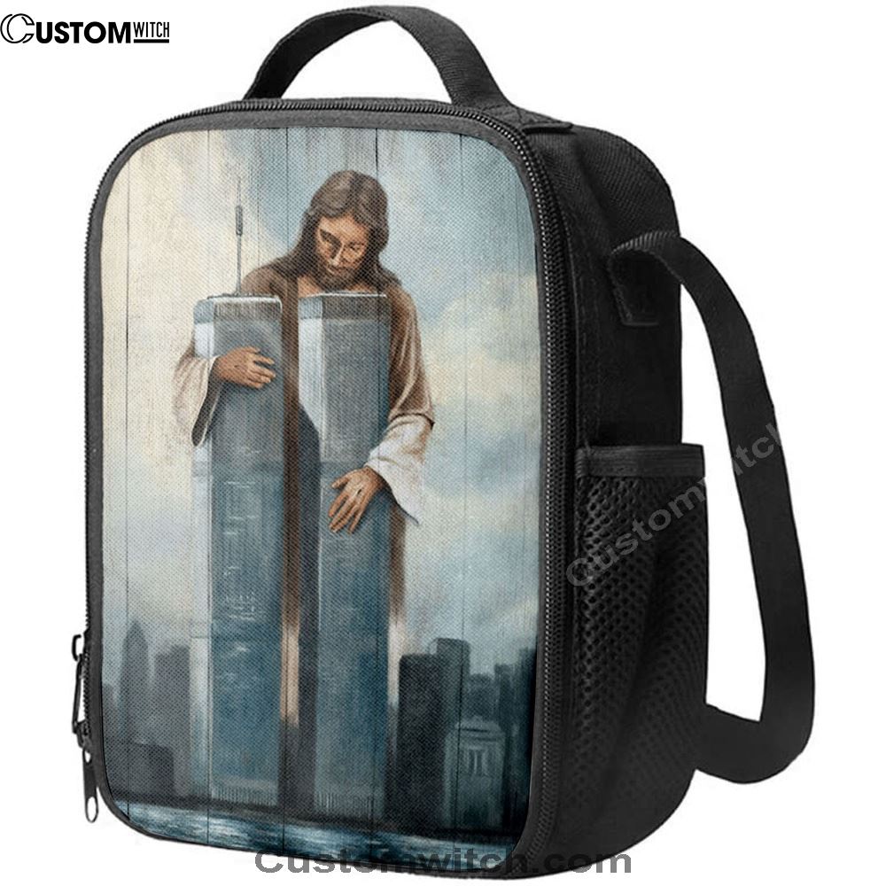 Jesus Holding The World Trade Center Building Lunch Bag, Christian Lunch Box For School, Picnic