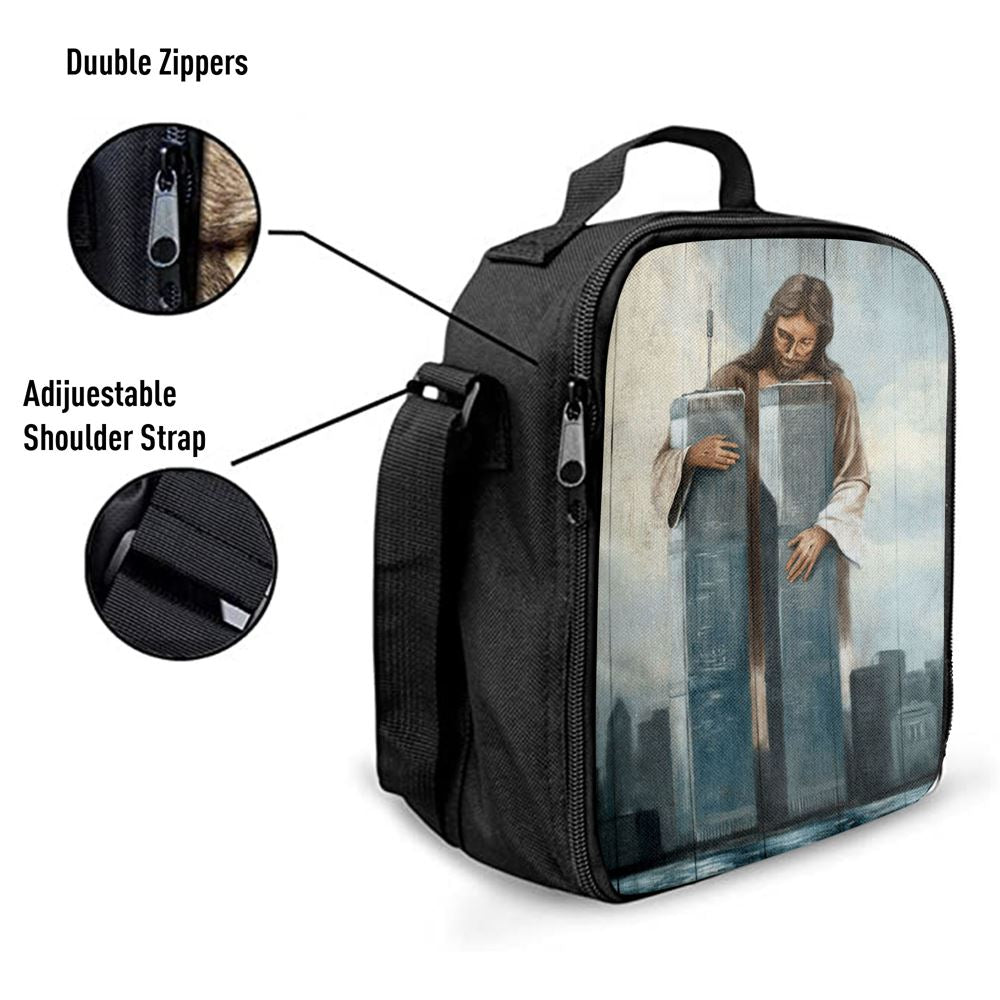 Jesus Holding The World Trade Center Building Lunch Bag, Christian Lunch Box For School, Picnic