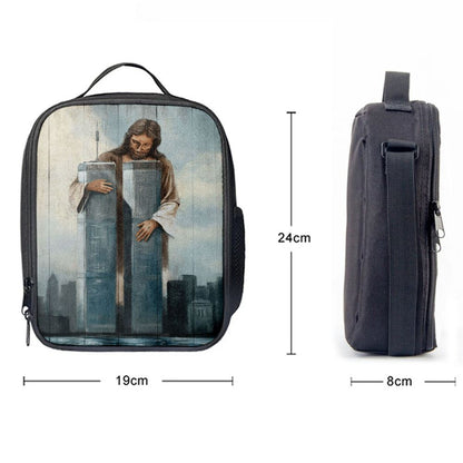 Jesus Holding The World Trade Center Building Lunch Bag, Christian Lunch Box For School, Picnic