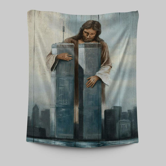 Jesus Holding The World Trade Center Building Tapestry Prints - Jesus Christ Tapestry Art - Christian Wall Decor