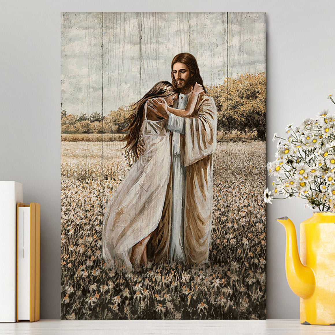 Jesus Hug Girl In Flower Field Canvas Wall Art - Christian Canvas Prints - Bible Verse Canvas Art