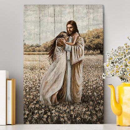 Jesus Hug Girl In Flower Field Canvas Wall Art - Christian Canvas Prints - Bible Verse Canvas Art