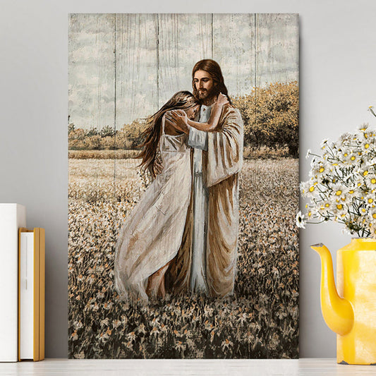 Jesus Hug Girl In Flower Field Canvas Wall Art - Christian Canvas Prints - Bible Verse Canvas Art