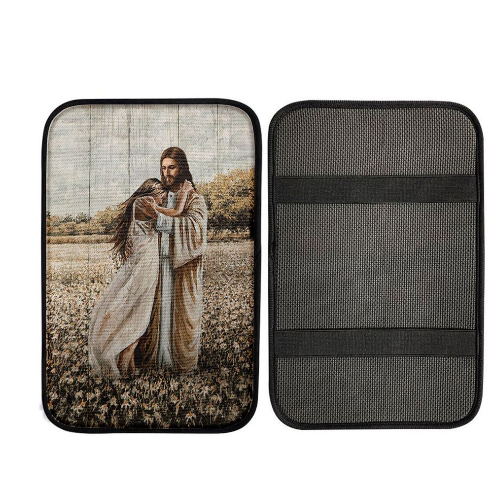 Jesus Hug Girl In Flower Field Car Center Console Cover, Christian Car Armrest Accessories