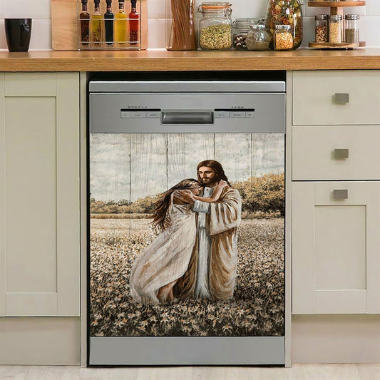 Jesus Hug Girl In Flower Field Dishwasher Cover, Christian Dishwasher Stickers, Bible Verse Kitchen Decor